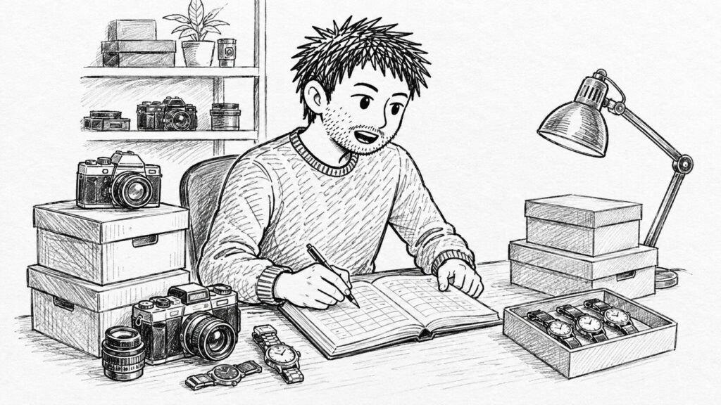 自宅で在庫と発送作業を行うセラーの様子を表したイラスト