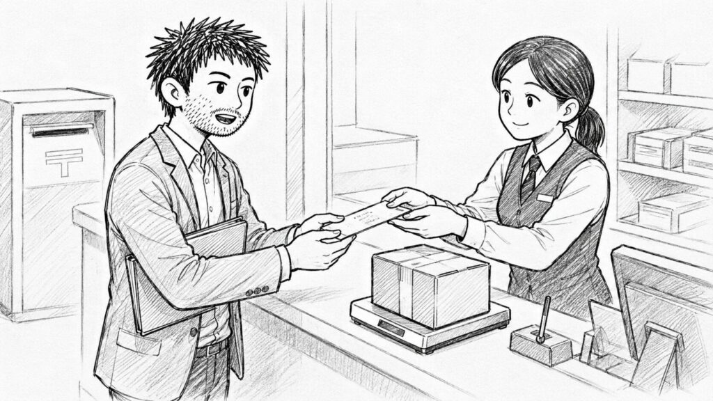 仕入れと発送の証憑となる書類を窓口で受け取る様子のイラスト