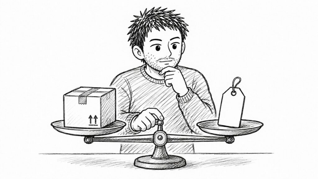 荷物と価格タグの天秤で送料と価格のバランスを表すイラスト
