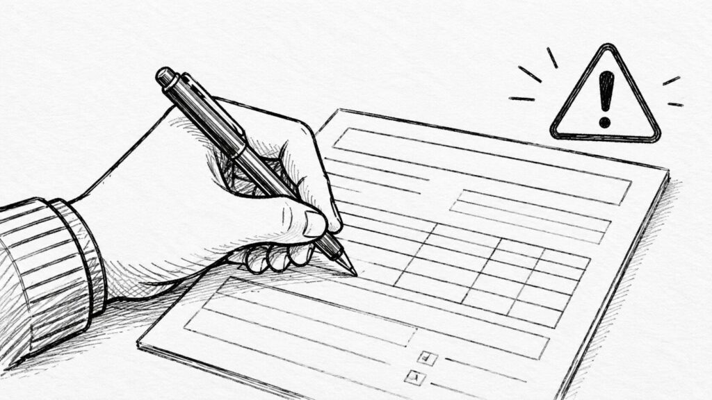 申告書への記入と警告でギフト申告・過少申告の違法性を表すイラスト