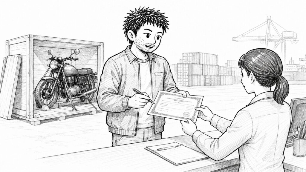港でTitle書類を提出して通関手続きを行う様子のイラスト