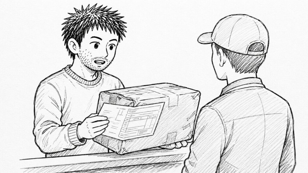 返品された荷物を配送業者から受け取る様子のイラスト