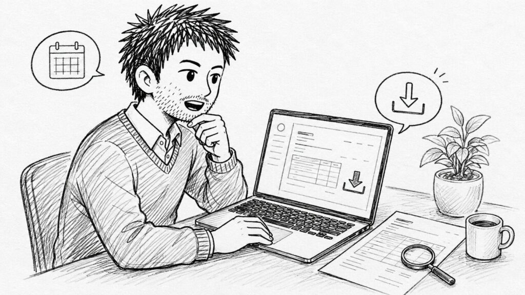 取引データをダウンロードして申告用に集計する様子のイラスト