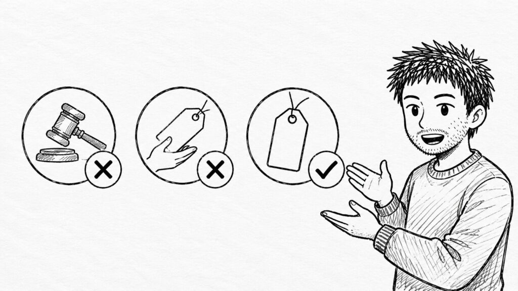 オークションとBest Offerは対象外で固定価格が対象であることを表すイラスト