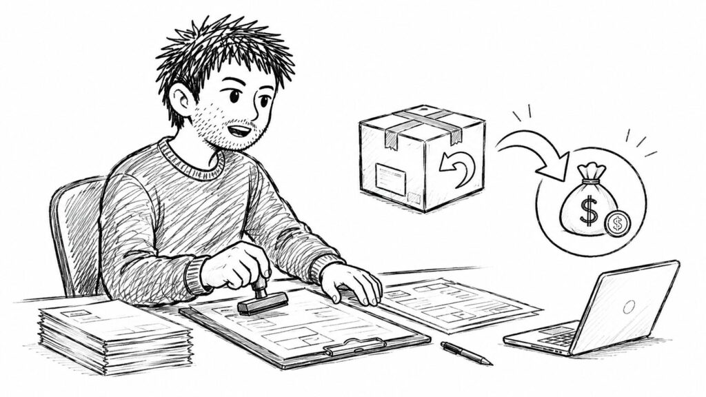 書類に記入して戻し税の手続きを進めるユーザーのイラスト