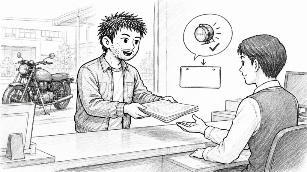 陸運局の窓口でナンバー登録の手続きをする様子のイラスト