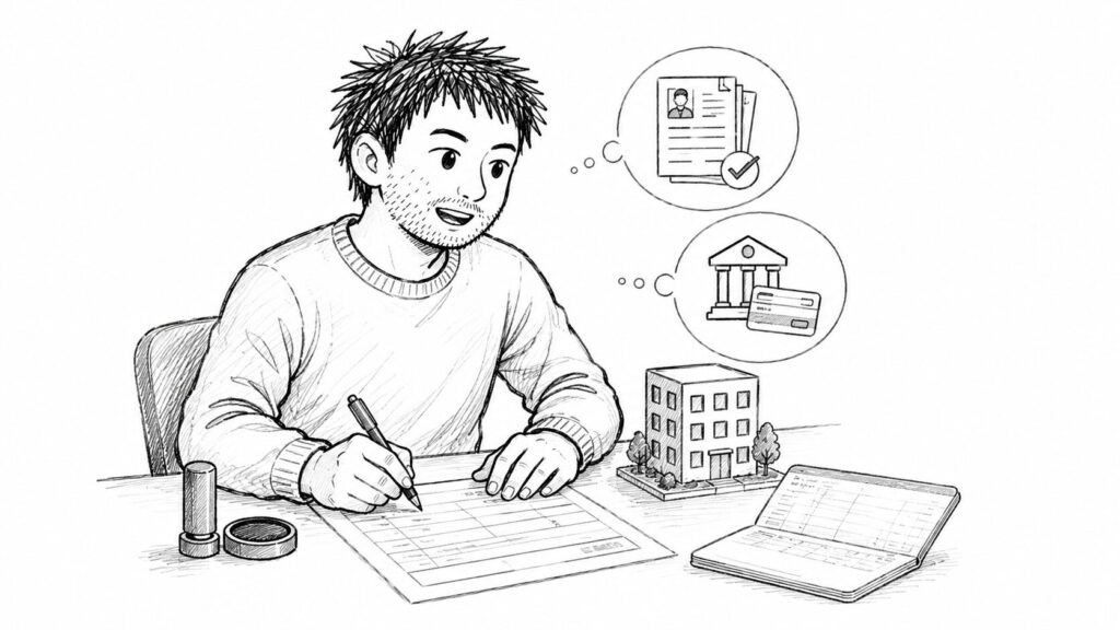 開業届や銀行口座の住所登録の手続きを進める様子のイラスト