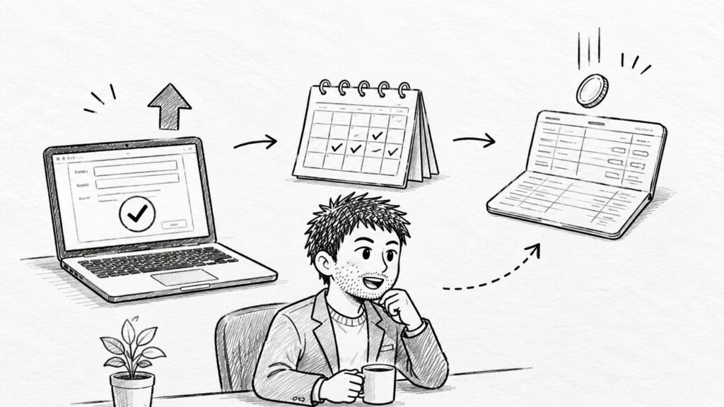帳簿付けから申告までの流れを表した図解イラスト