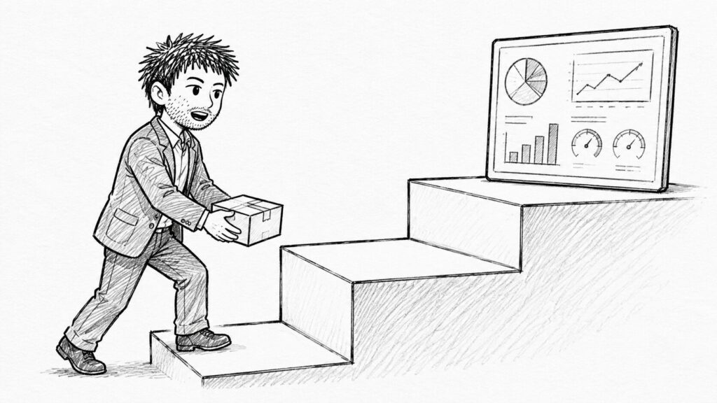 1品売ることでSeller Hubの分析画面が使えるようになる流れを階段で表したイラスト