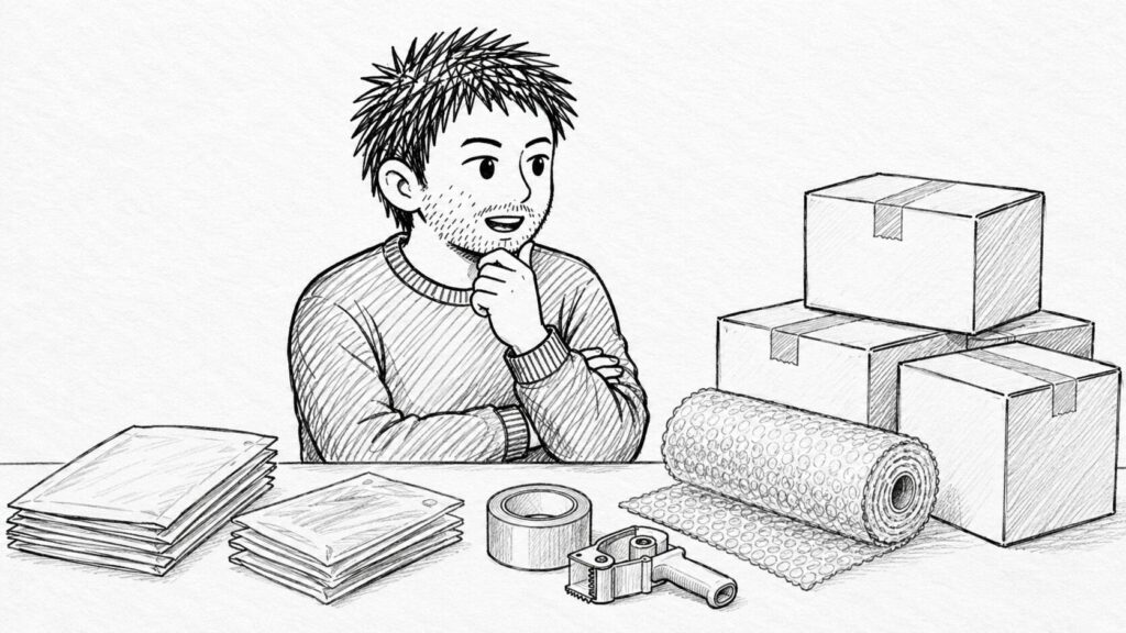 梱包資材(段ボール・プチプチ・テープ)を前に選び方を考えるセラーの手描きイラスト