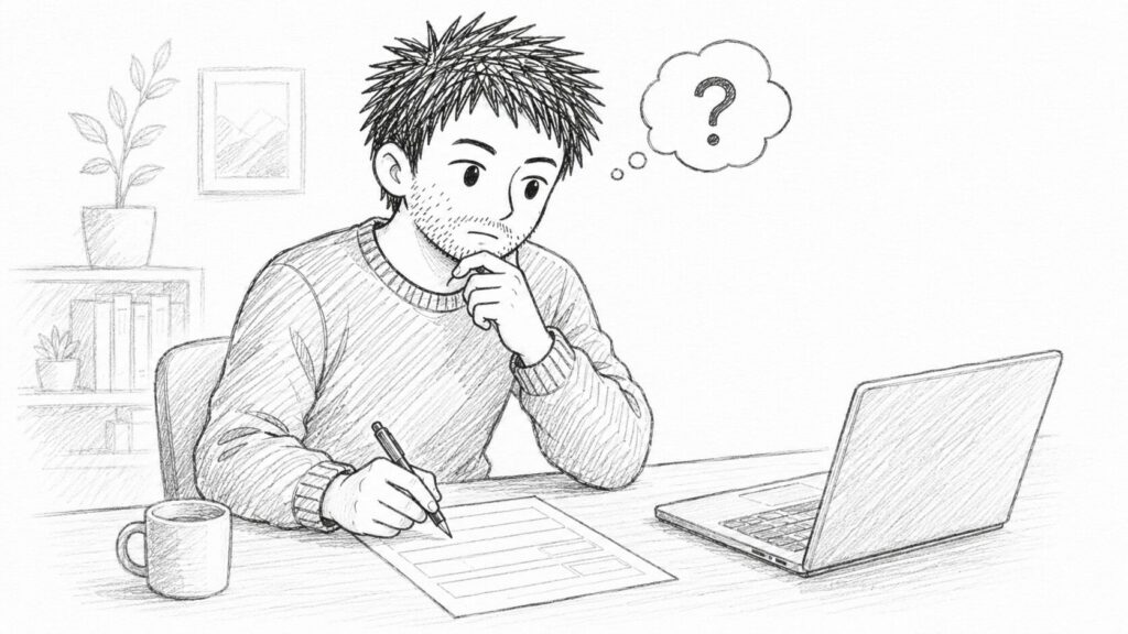 開業届を出すべきか考えながら書類を書くeBayセラーのイラスト