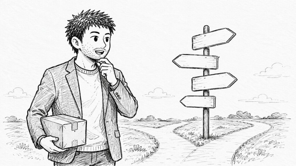 荷物を抱えた男性が分かれ道の道標の前で発送方法を選ぼうと考えているイラスト