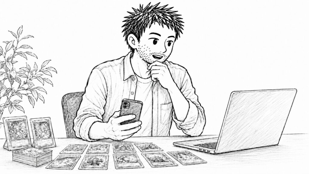 男性がスマホとノートパソコンを使い、机に並べたトレーディングカードの相場を調べているイラスト