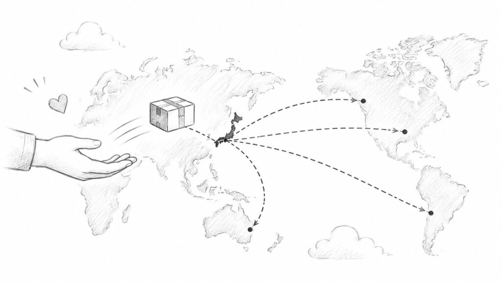 日本から世界各地へ荷物が届く様子を世界地図と矢印で表したイラスト