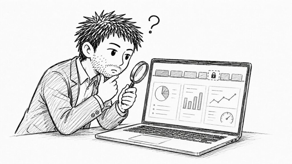 分析ツールが使えず販売データを調べられない状態を表したイラスト