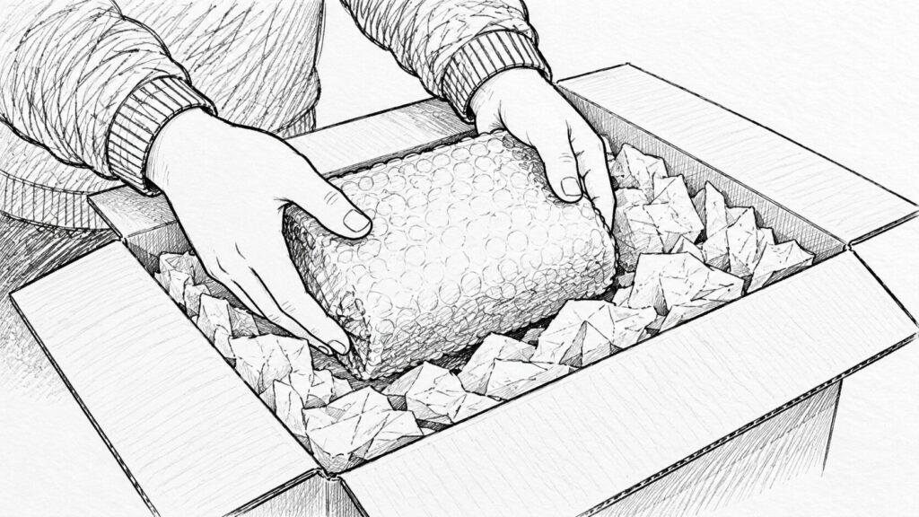 プチプチで包んだ商品を紙緩衝材入りの段ボール箱に詰めるイラスト