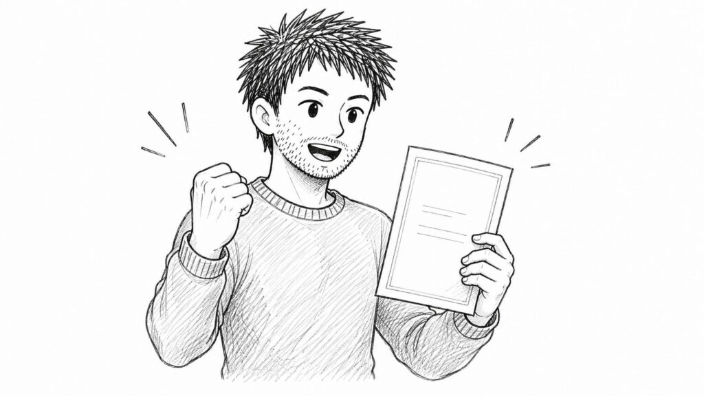 開業届を手に前向きな気持ちになるセラーのイラスト