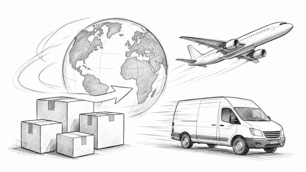 地球儀と飛行機・配送用バン・積み重ねた荷物で国際配送を表したイラスト