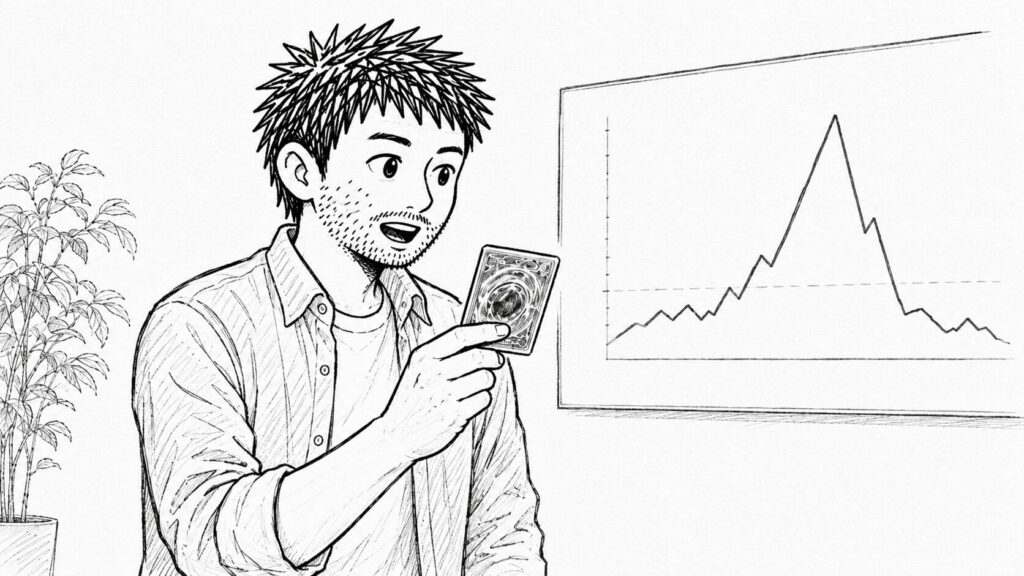 男性がカードを手に、山型に上昇してから下落する相場チャートを見ているイラスト