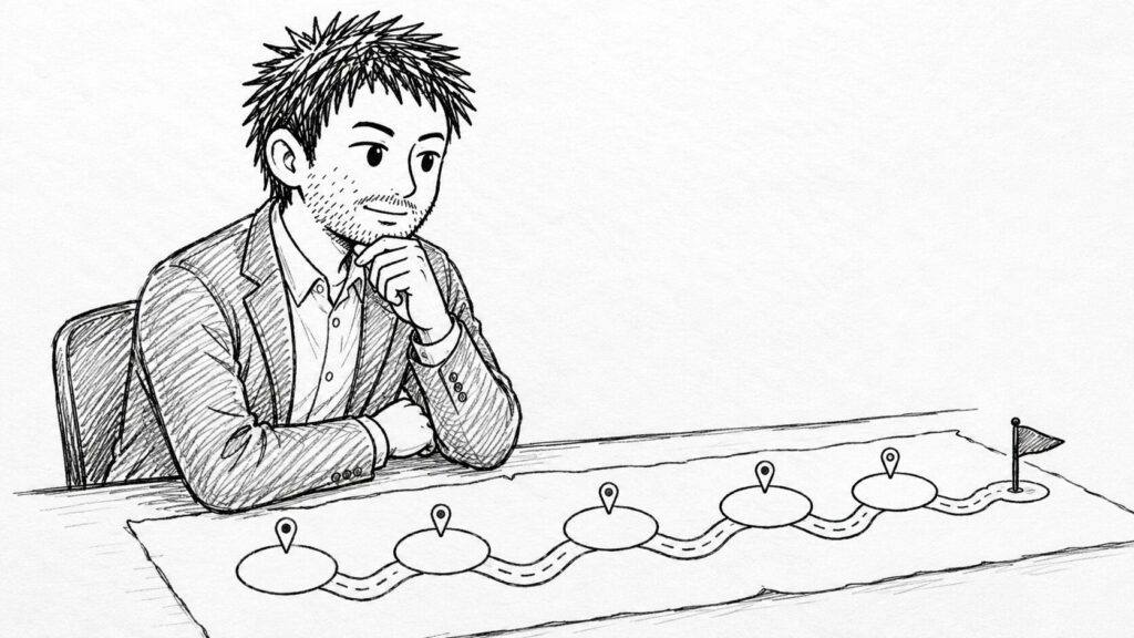 男性が、複数のチェックポイントとゴール旗を結ぶ道のり(出品の手順)を眺めているイラスト
