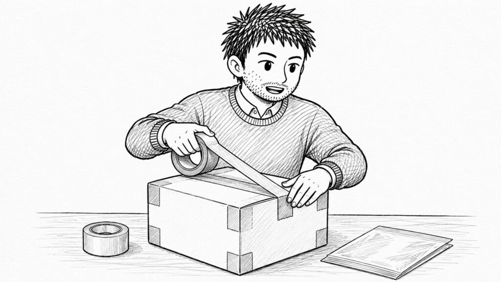 段ボール箱に梱包テープをしっかり貼るセラーのイラスト