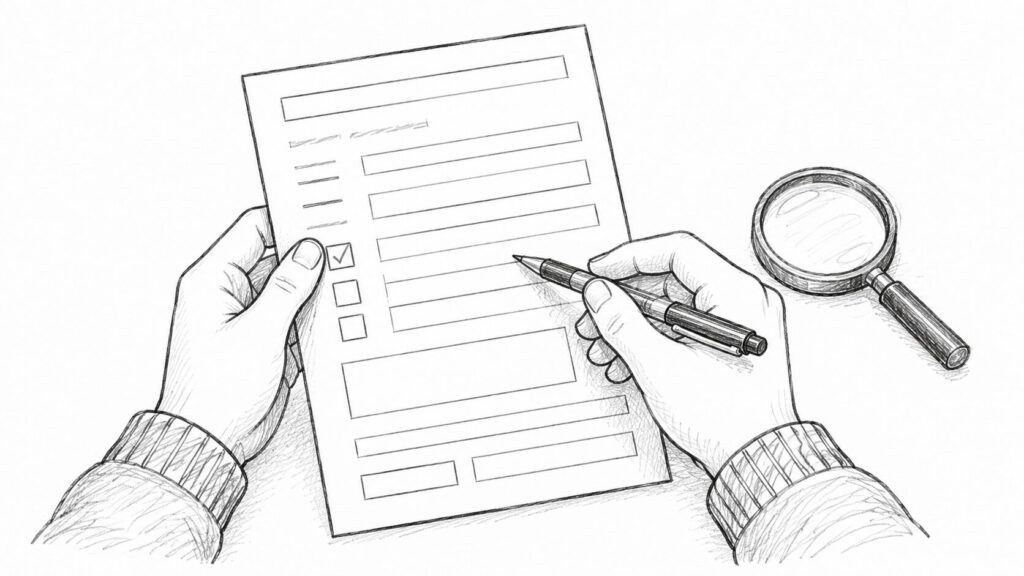 開業届の書類にペンでチェックを入れて確認するイラスト