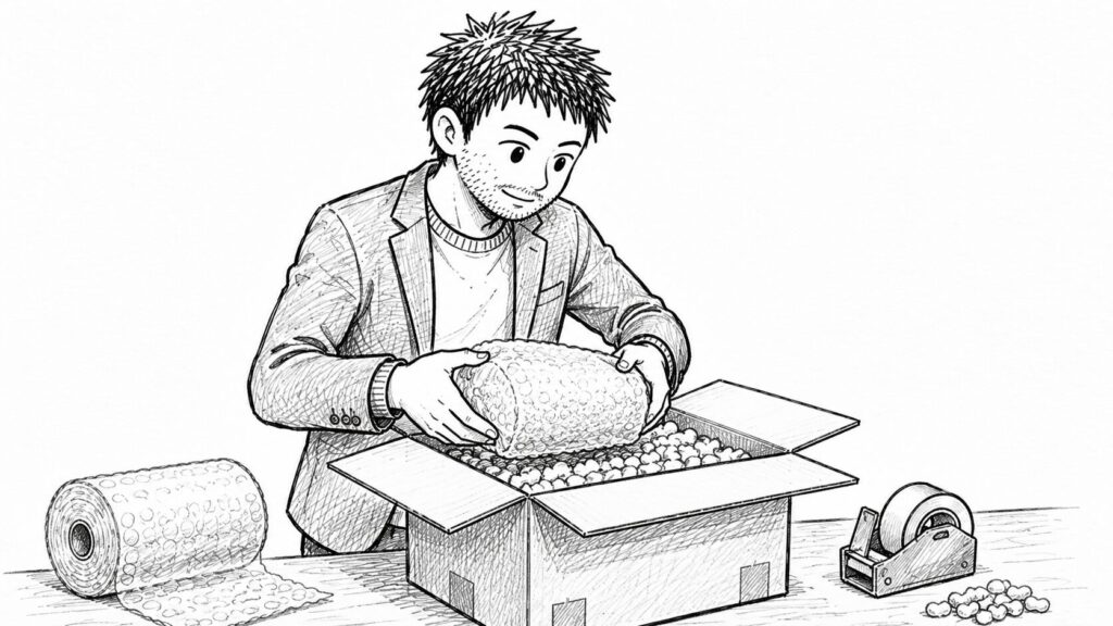 男性が商品をプチプチで包み、緩衝材を詰めた段ボール箱に梱包しているイラスト
