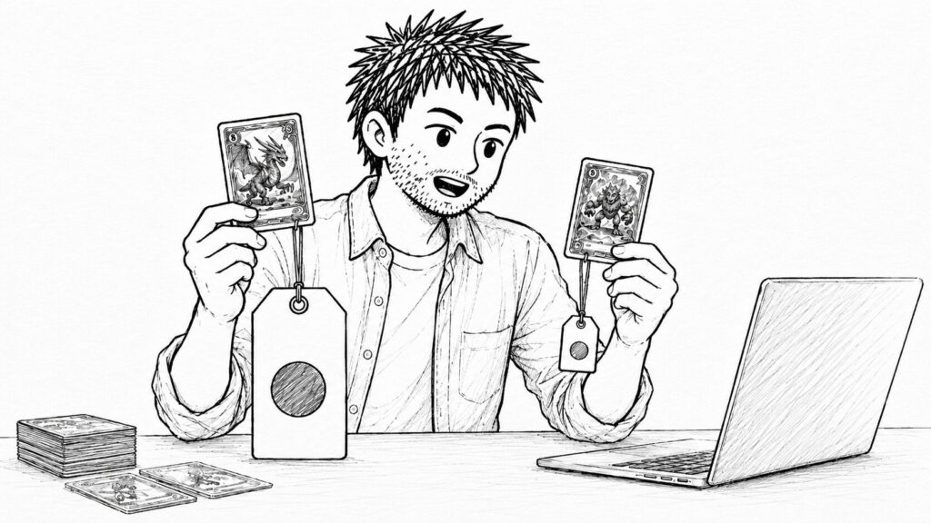 男性が値札を付けた2枚のトレーディングカードの価格を見比べているイラスト