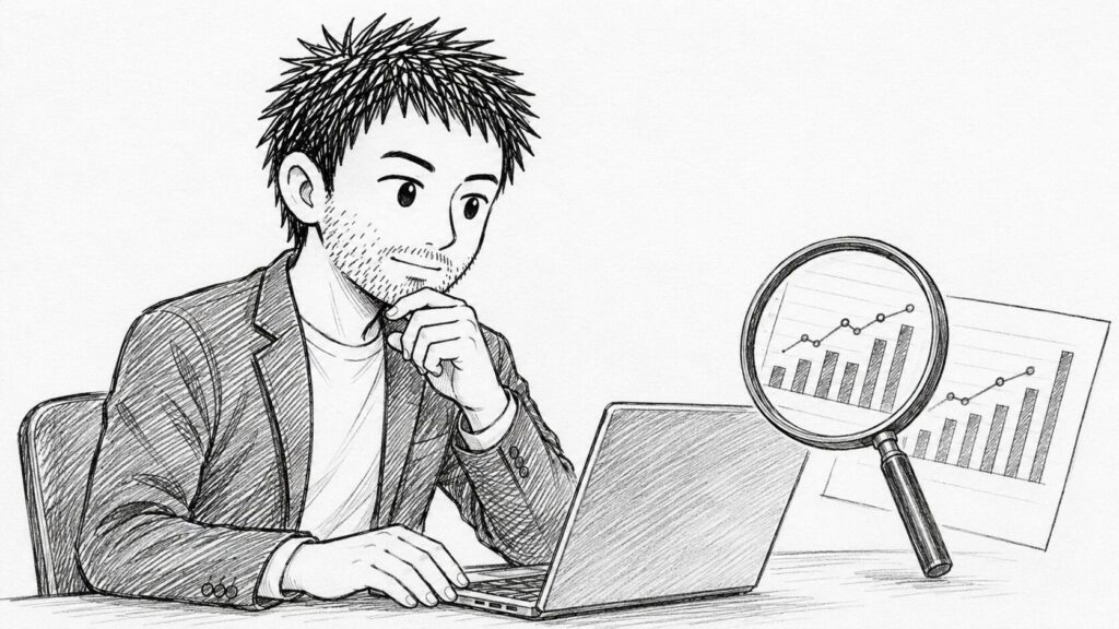 男性がノートパソコンと虫眼鏡で、右肩上がりの売上グラフ(リサーチ)を調べているイラスト