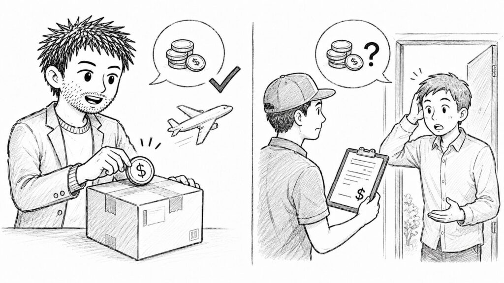 DDP(売り手が関税を前払い)とDDU(買い手が受け取り時に負担)の違いを対比した図