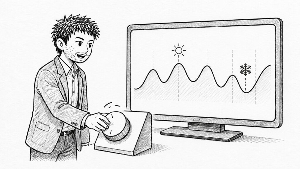 季節によって需要が上下する売れ行きの推移を表したイラスト