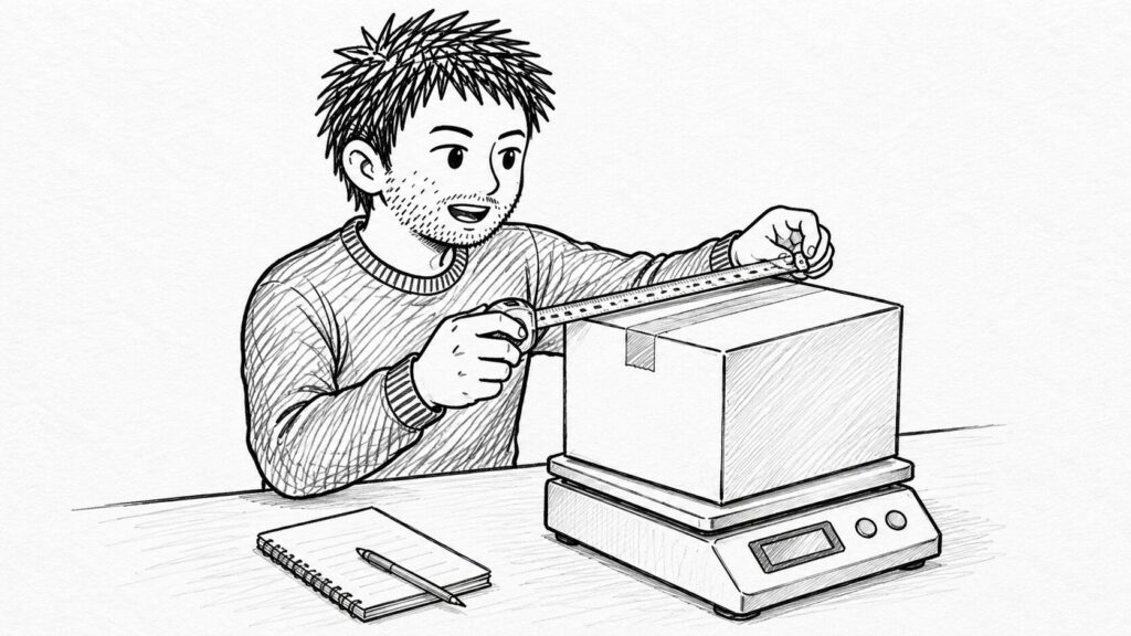 デジタルはかりに箱を載せてメジャーで採寸するセラーのイラスト