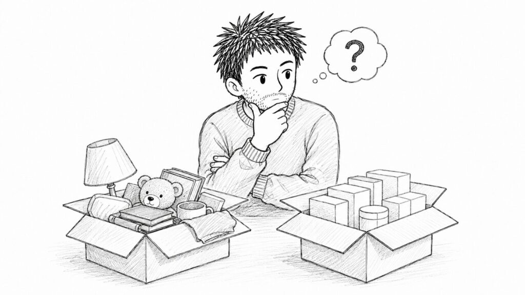 発送用の荷物を前に開業届を出すか迷うセラーのイラスト