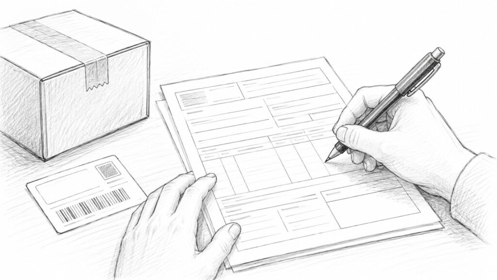 荷物と配送ラベルの横で通関用のインボイス書類にペンで記入している手元のイラスト