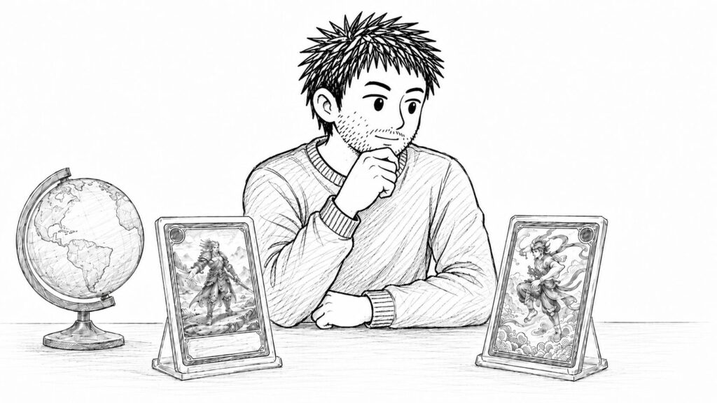 地球儀の横で立てて飾った2枚のカードを見比べる男性のイラスト(英語版と日本語版の比較)