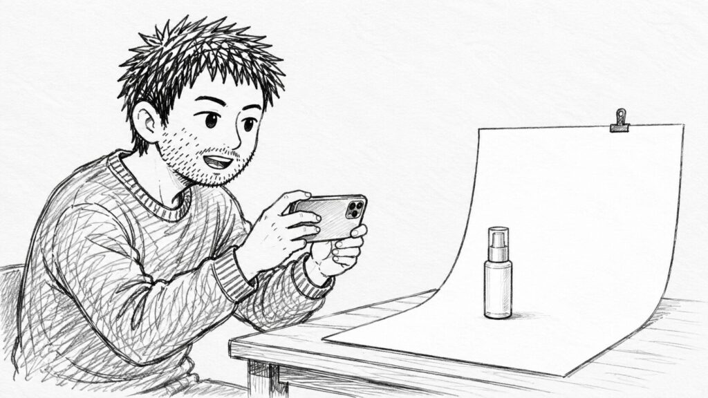 男性が白い背景で商品をスマホで撮影している、出品用の商品写真を撮るイラスト