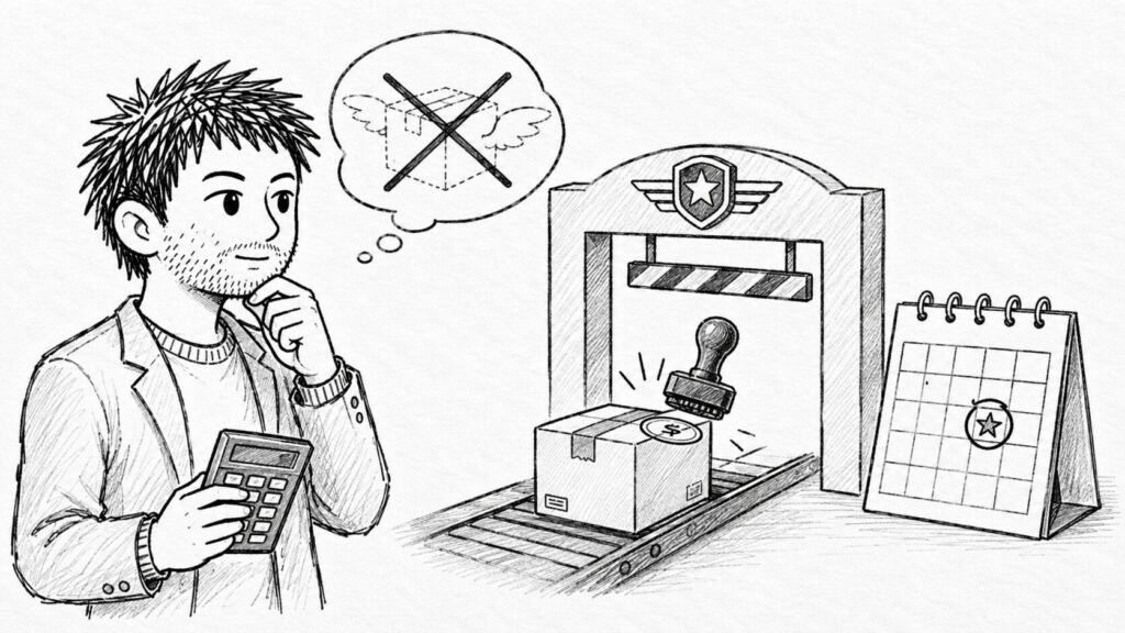 米国向け発送の関税ルール変更(デミニミス撤廃)を示すカレンダー風イラスト