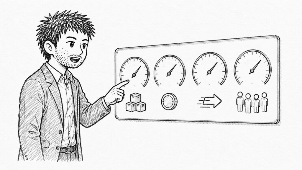 リサーチでまず見るべき4つの数字をメーターで表したイラスト