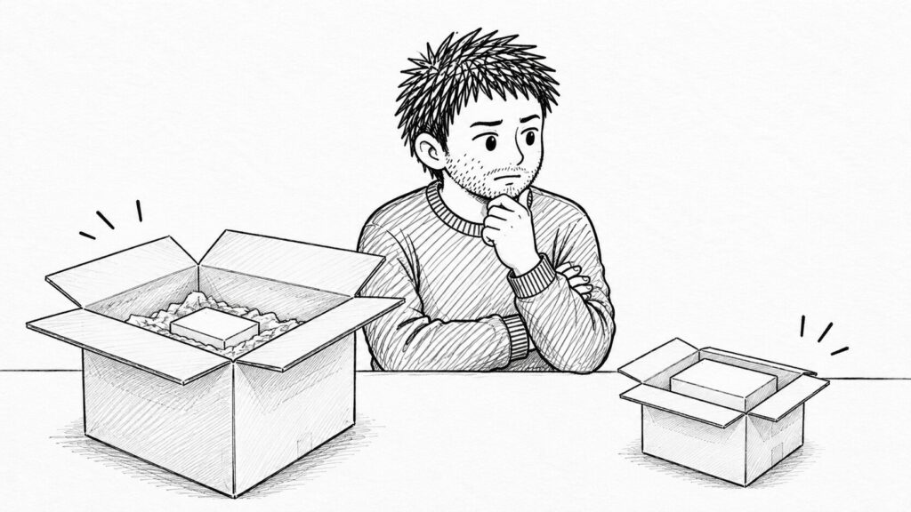 大きい箱と小さい箱を前に梱包サイズで悩むセラーのイラスト