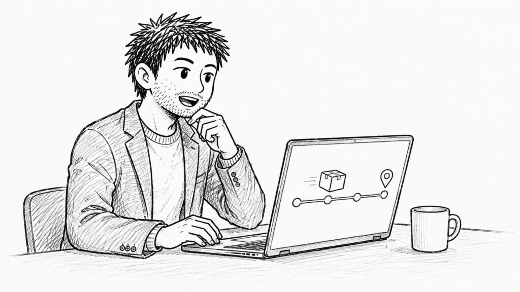 男性がノートパソコンで荷物の追跡状況を示すプログレスバーを確認しているイラスト