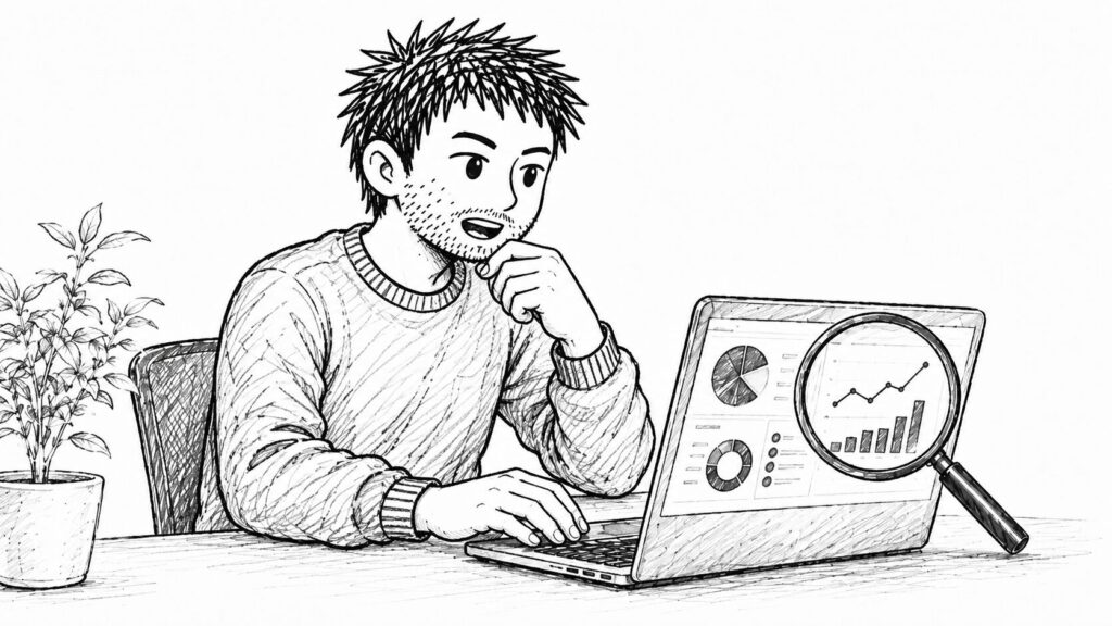 男性がノートパソコンの分析画面のグラフを虫眼鏡で拡大し、相場データを調べているイラスト