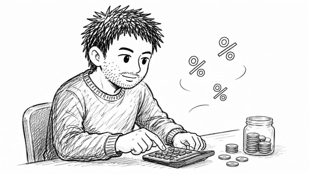 男性が電卓とコインでeBayの手数料(%)を計算しているイラスト