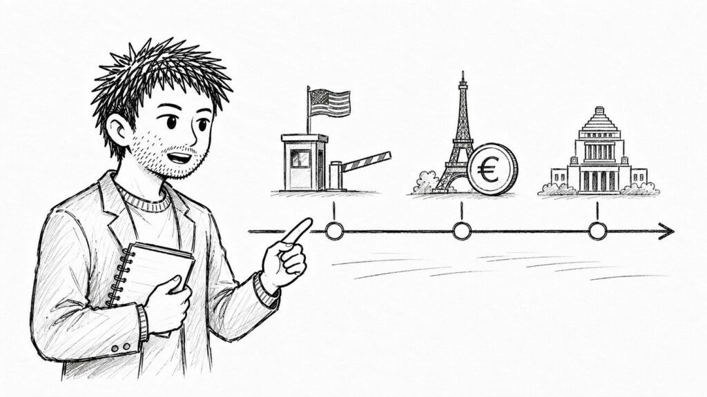 2026年の関税ルール変更の主要トピック(米国・EU・日本)を並べた年表イラスト