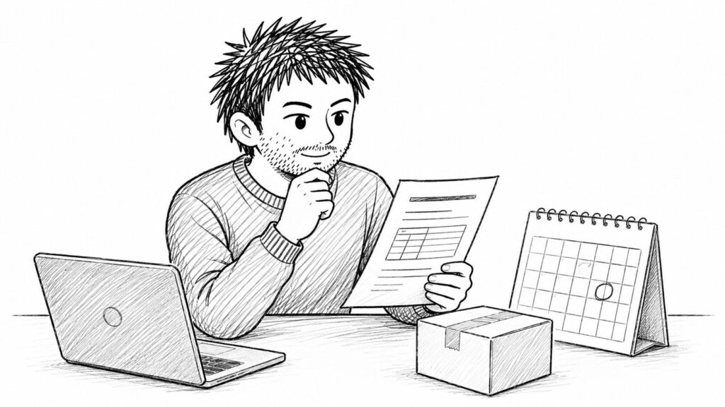 送料改定の資料とカレンダーを確認するセラーのイラスト