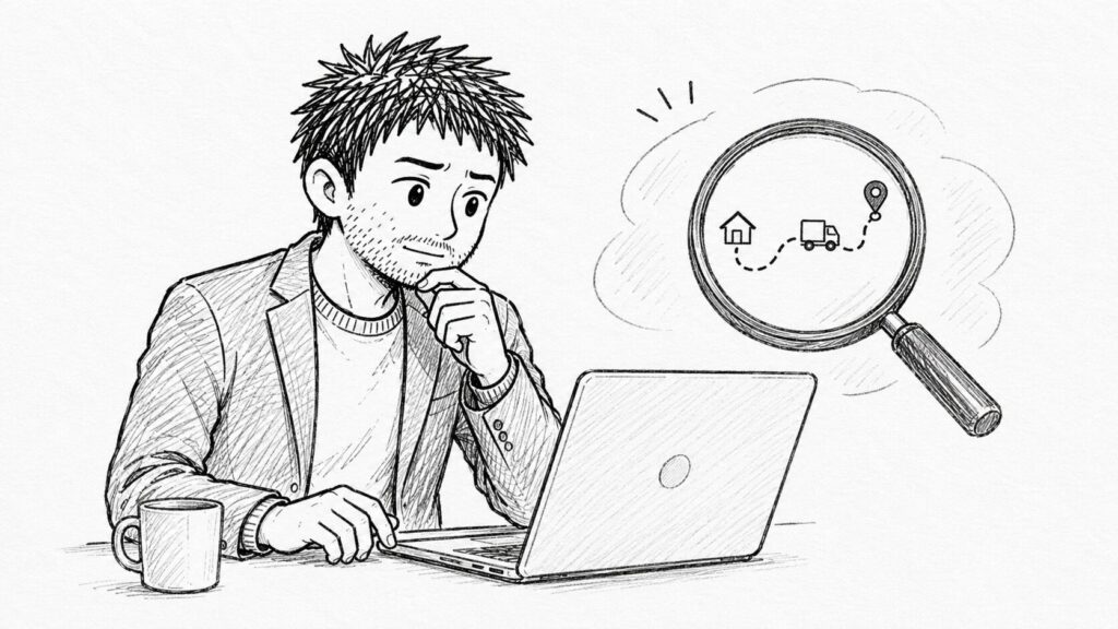 商品が届かず不安そうな男性が虫眼鏡で配送ルートを調べている未着トラブルのイラスト