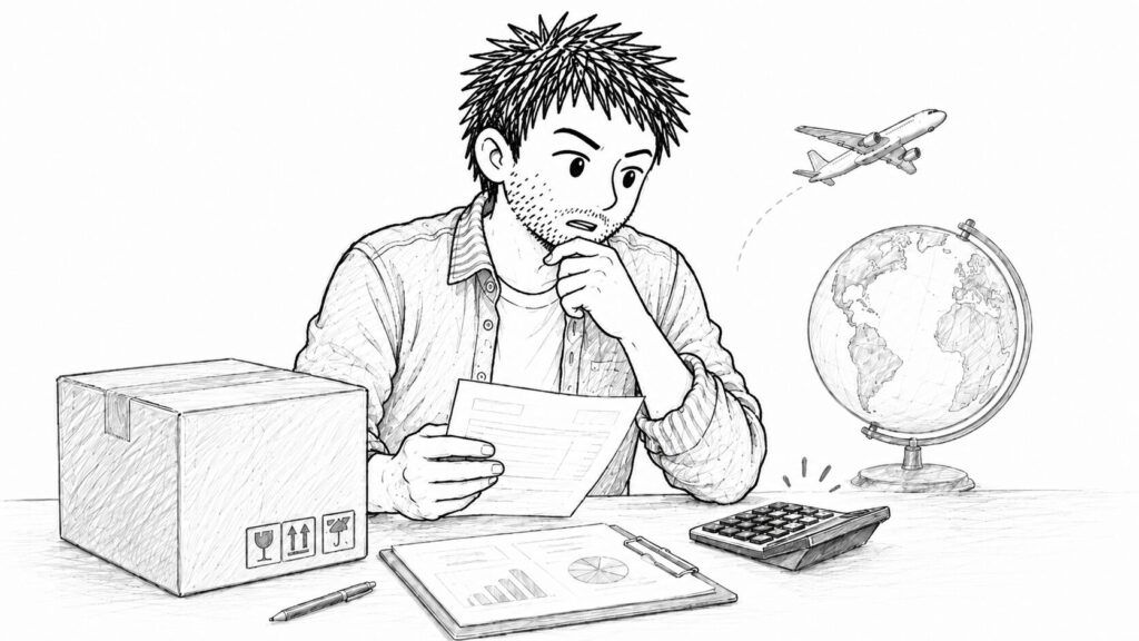 ノートパソコンの相場データを虫眼鏡で細かく確認している男性のイラスト