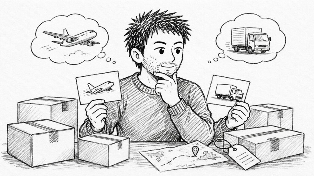男性が飛行機とトラックのカードを見比べ、荷物に囲まれて発送方法を選んでいるイラスト
