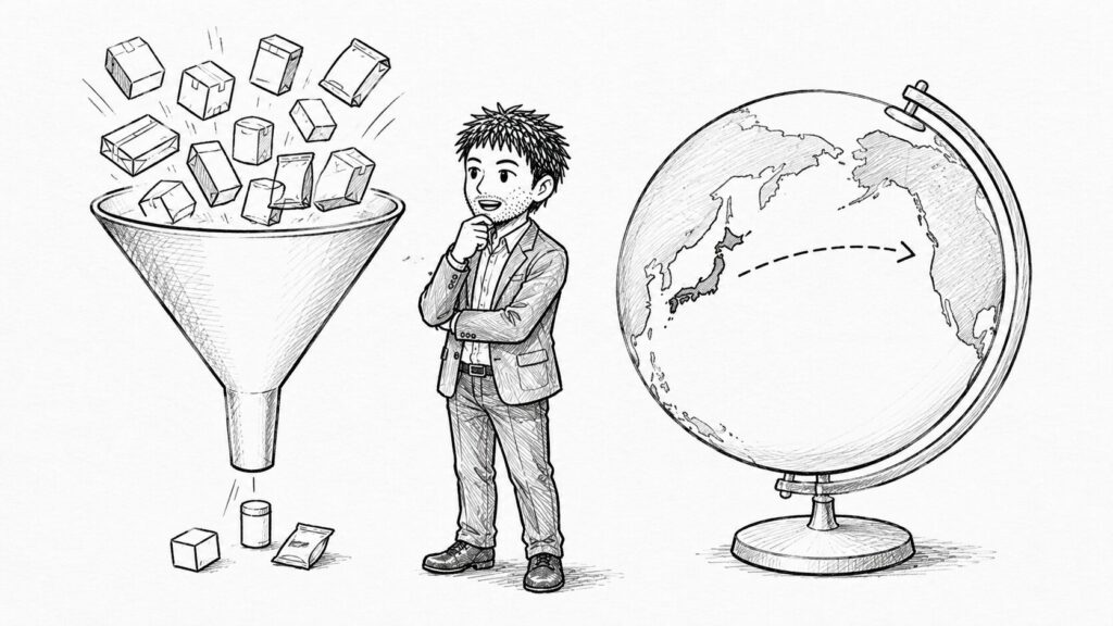 多数の候補から売れる商品を絞り込み販売先の国を見極める流れを表したイラスト