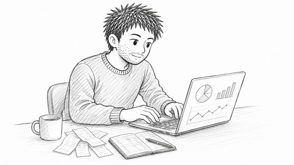 提出後にパソコンで会計や販売管理の準備を進めるセラーのイラスト