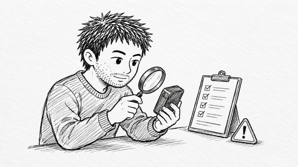 男性が虫眼鏡で商品を確認し、チェックリストと警告マークで禁止・制限品を点検しているイラスト